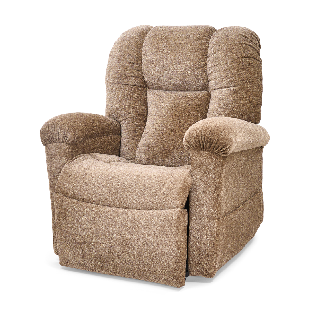 The Golden Tech PR527 Cloud Recliner With Lift Assist & Twilight features plush brown upholstery, a cushioned backrest, seat, and armrests, plus an extended footrest. Its soft fabric and ergonomic design provide outstanding comfort and support.